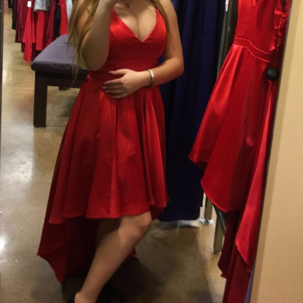 Red high low prom or homecoming dress.
